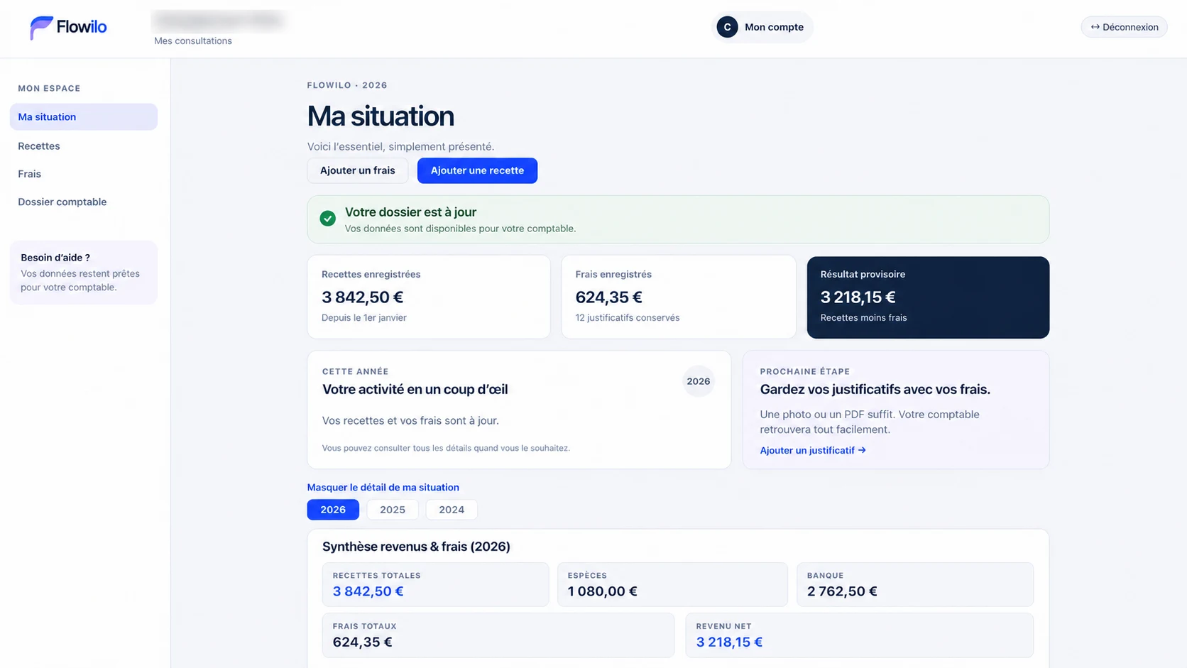 Tableau de bord Flowilo avec recettes, frais et résultat de l’activité